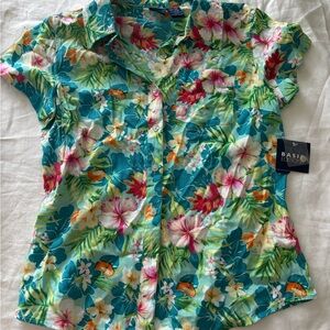 Basic Editions Teal Floral Short-Sleeve Button-Down Shirt
